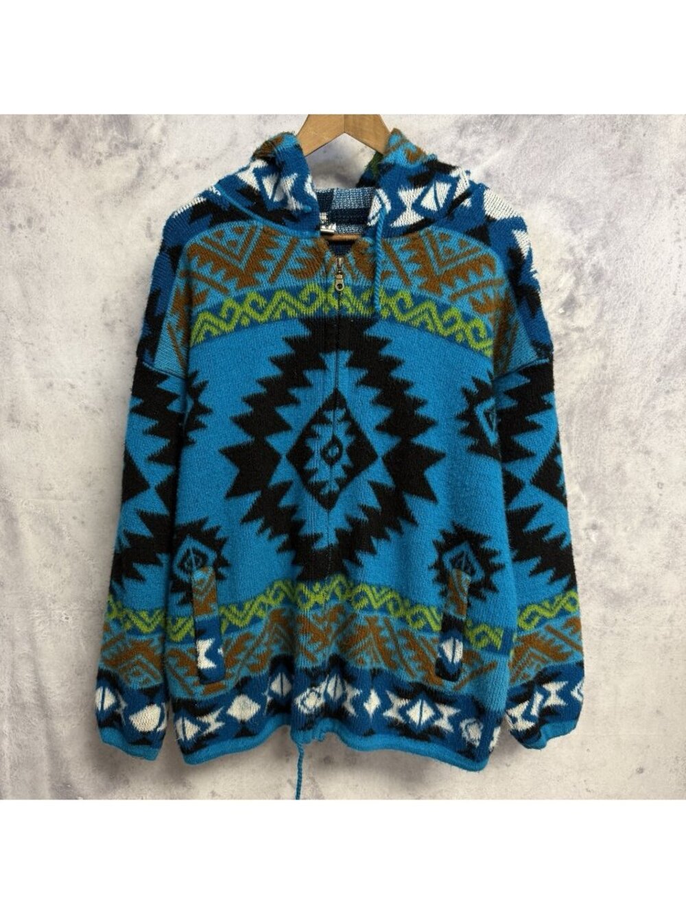 Yari Artesanias Aztec Wool Jacket Sweater Mens Large Full Zip Hood Vintage